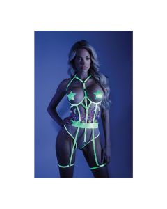 Glow Black Light Embroidered Cupless Garter Teddy (Pasties Not Included) Neon Chartreuse